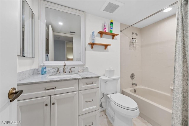 full bathroom with toilet, vanity, shower / bath combination with curtain, and visible vents