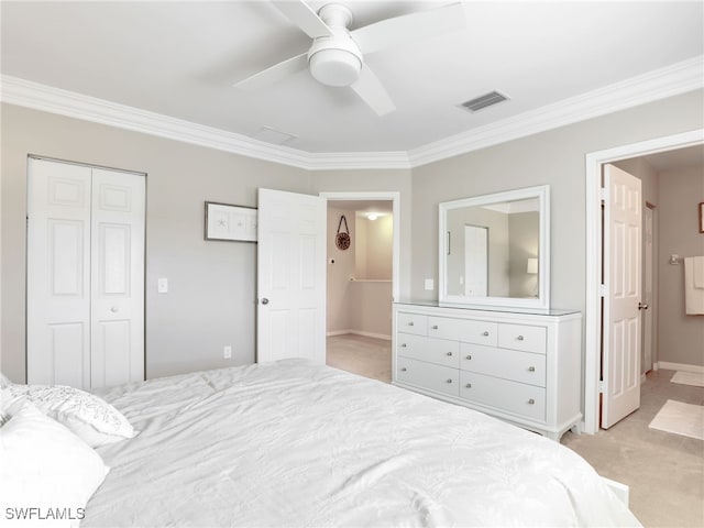 bedroom featuring light carpet, visible vents, and ornamental molding