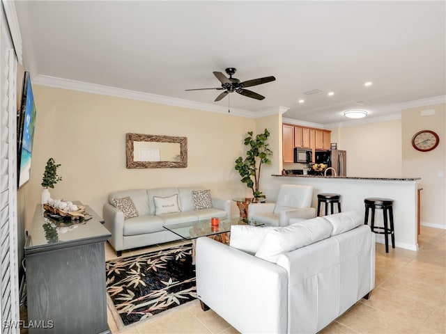 living area featuring ornamental molding, recessed lighting, baseboards, and light tile patterned floors