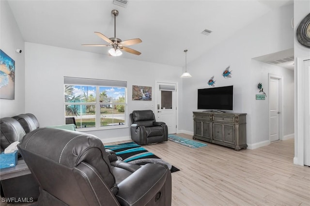 living area featuring light wood-type flooring, visible vents, and baseboards