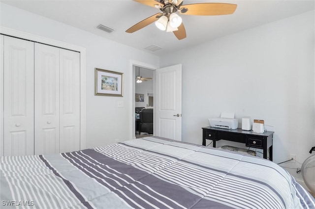 bedroom featuring a closet, visible vents, and a ceiling fan