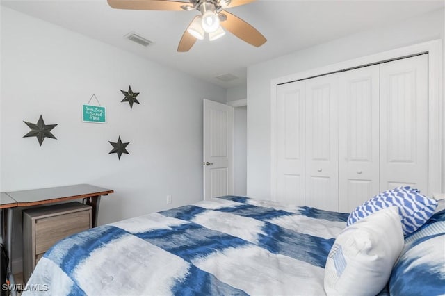 bedroom featuring a ceiling fan, a closet, and visible vents