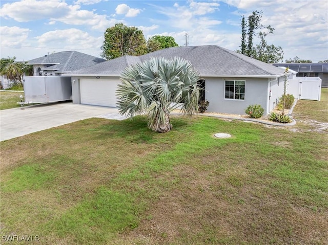 view of front of property featuring a front lawn, driveway, an attached garage, and stucco siding