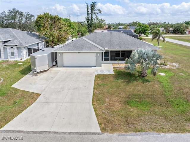 ranch-style house featuring a front yard, concrete driveway, roof with shingles, and an attached garage