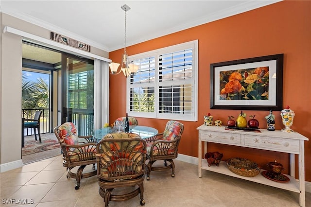 tiled dining area with baseboards, an inviting chandelier, and crown molding