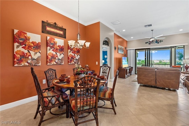 dining room featuring baseboards, visible vents, ornamental molding, ceiling fan with notable chandelier, and recessed lighting