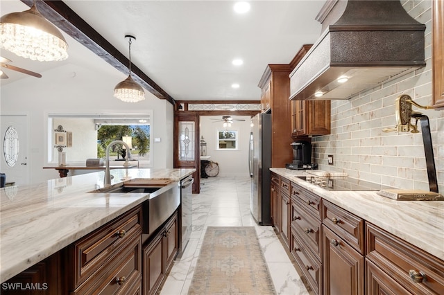 kitchen with a ceiling fan, marble finish floor, stainless steel appliances, premium range hood, and a sink