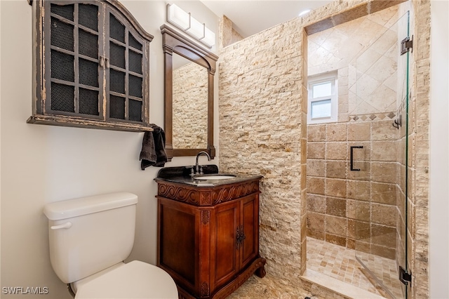 bathroom with a shower stall, toilet, and vanity