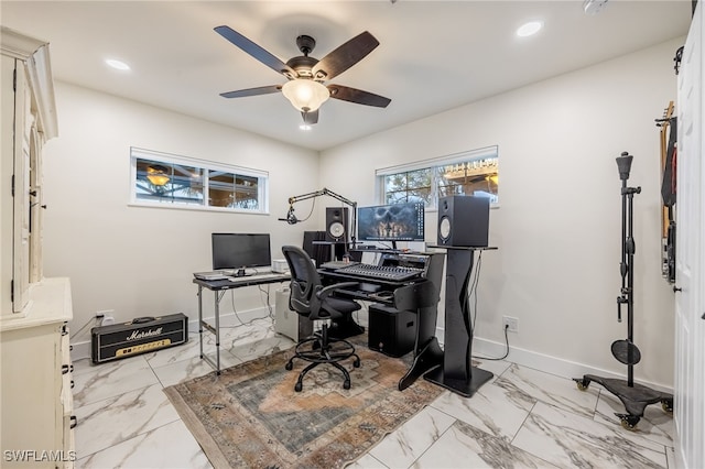 home office with ceiling fan, marble finish floor, recessed lighting, and baseboards