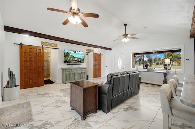 living area with lofted ceiling, marble finish floor, a barn door, and ceiling fan