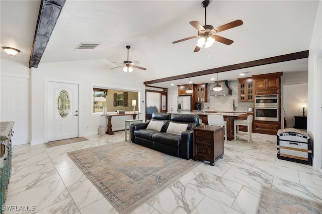 living room featuring high vaulted ceiling, recessed lighting, visible vents, marble finish floor, and beam ceiling