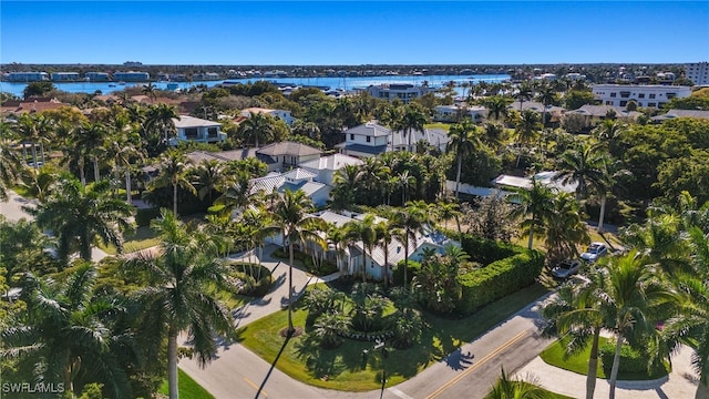 aerial view featuring a water view