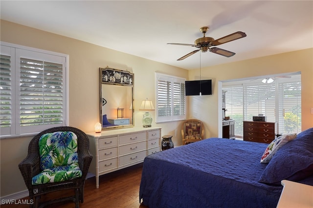 bedroom featuring ceiling fan and wood finished floors