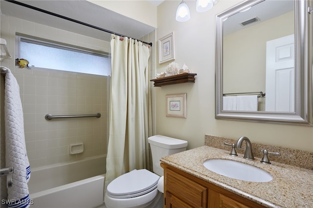 bathroom with toilet, visible vents, shower / bath combination with curtain, and vanity