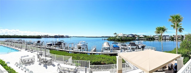 view of dock featuring a water view and fence