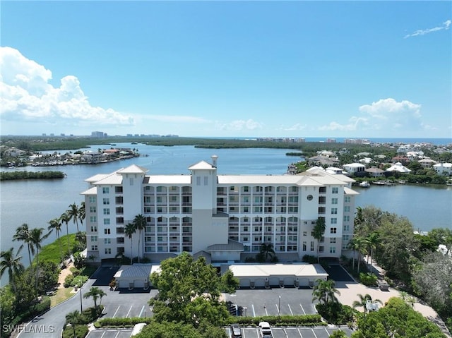 aerial view featuring a water view