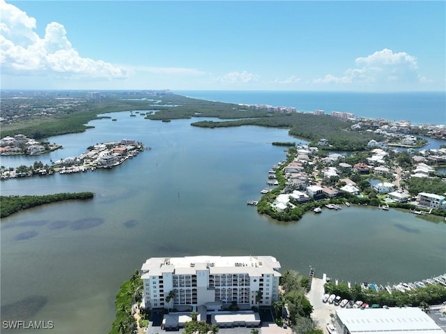 drone / aerial view with a water view