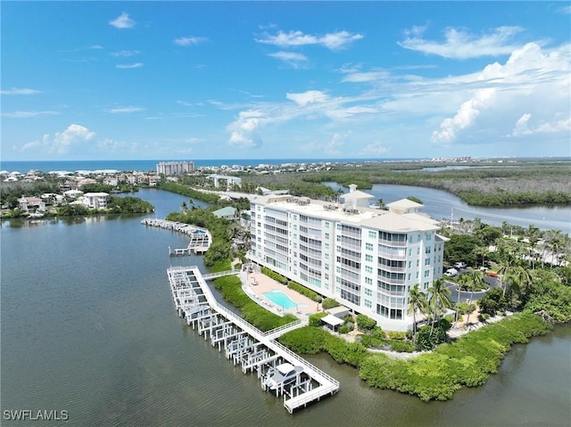 drone / aerial view featuring a water view