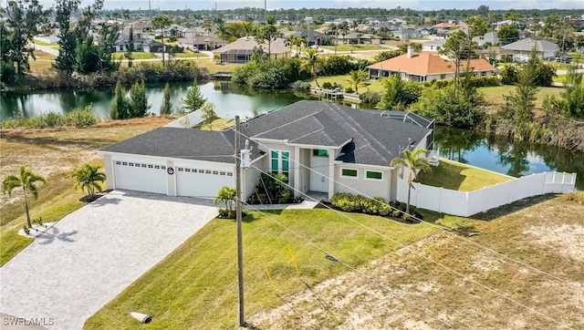 view of front of home featuring decorative driveway, a water view, an attached garage, fence, and a residential view