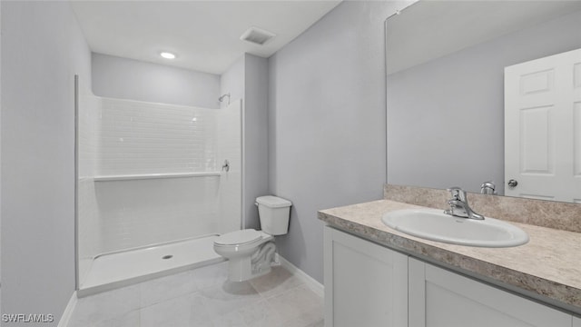 full bath with toilet, a stall shower, visible vents, and vanity