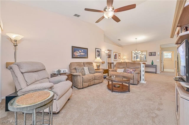 living room with lofted ceiling, light colored carpet, visible vents, baseboards, and ceiling fan with notable chandelier