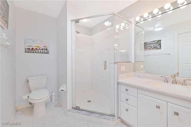 full bath featuring toilet, vanity, baseboards, a shower stall, and tile patterned floors