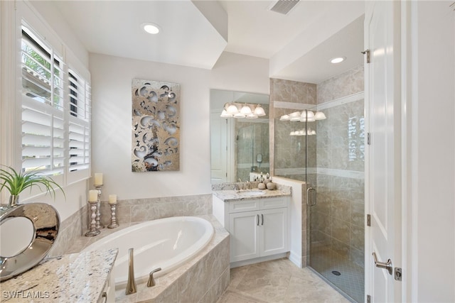 full bathroom featuring recessed lighting, visible vents, a shower stall, vanity, and a bath