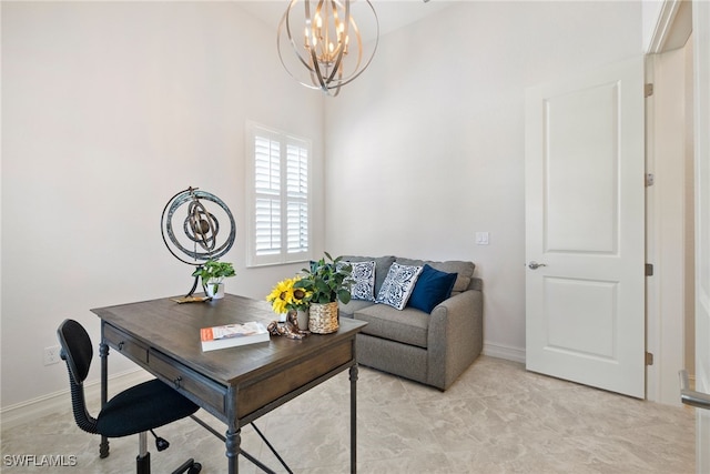 office space featuring an inviting chandelier and baseboards