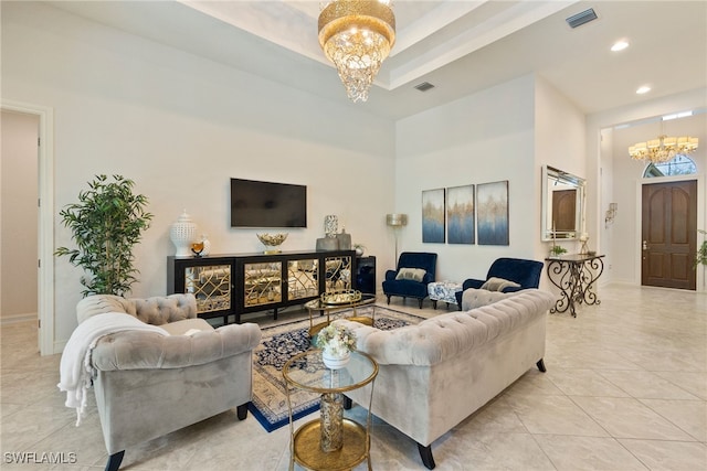 living room with baseboards, visible vents, tile patterned floors, a notable chandelier, and recessed lighting