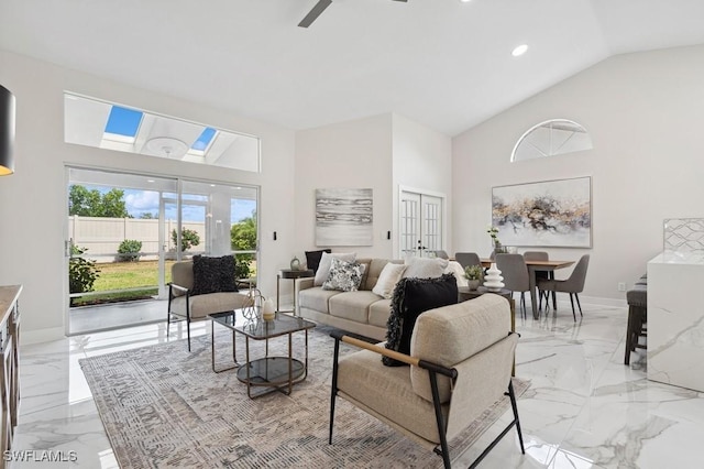 living area featuring marble finish floor, recessed lighting, ceiling fan, high vaulted ceiling, and baseboards