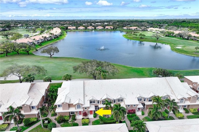 birds eye view of property with a residential view and a water view