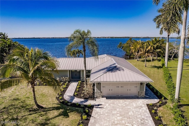 aerial view featuring a water view