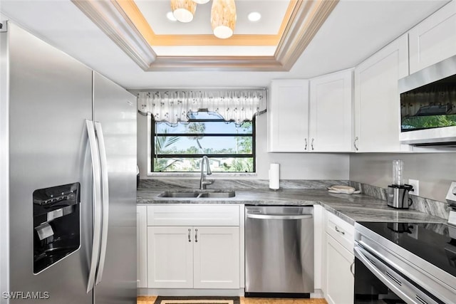 kitchen with crown molding, a raised ceiling, appliances with stainless steel finishes, white cabinets, and a sink