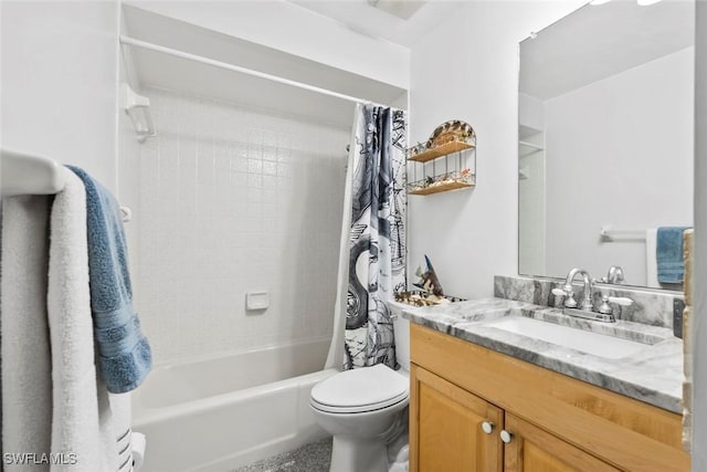 bathroom featuring shower / bath combination with curtain, vanity, and toilet