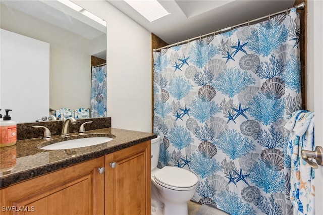 bathroom featuring a skylight, vanity, and toilet