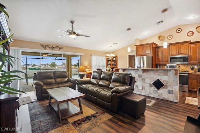 living room with vaulted ceiling, ceiling fan, dark wood-style flooring, and visible vents