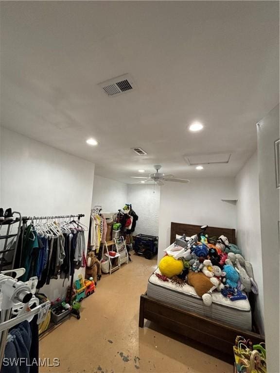 bedroom with recessed lighting, concrete floors, a ceiling fan, visible vents, and attic access