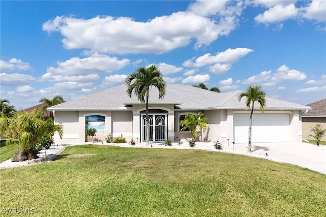 single story home featuring an attached garage, a front lawn, concrete driveway, and stucco siding