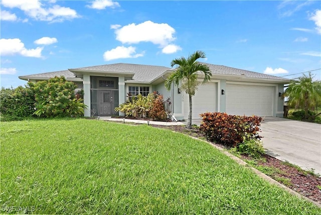 view of front of property featuring a front yard, concrete driveway, an attached garage, and stucco siding