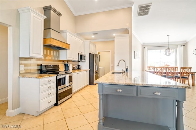 kitchen with a sink, premium range hood, white cabinetry, and stainless steel appliances