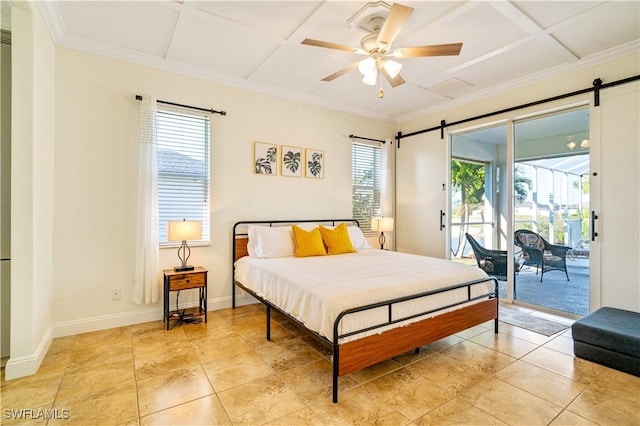 bedroom featuring a barn door, baseboards, coffered ceiling, and access to outside