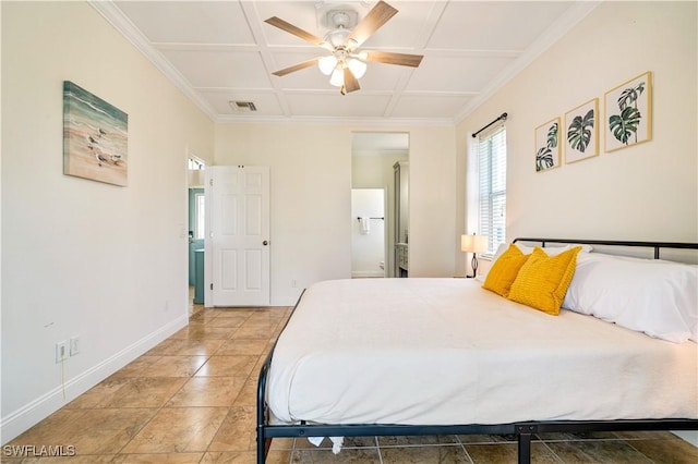 tiled bedroom with visible vents, coffered ceiling, crown molding, and baseboards
