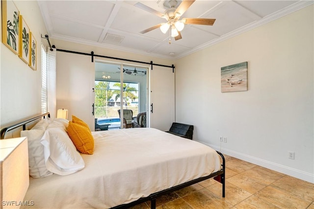 bedroom featuring a barn door, baseboards, crown molding, and access to outside
