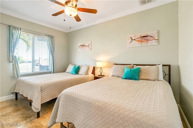 bedroom featuring visible vents, a ceiling fan, crown molding, and baseboards