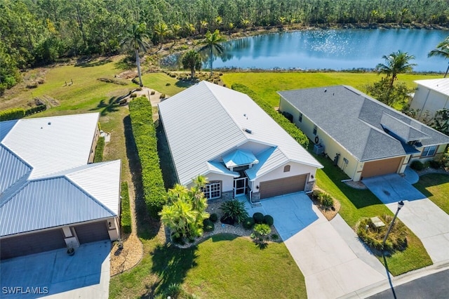 bird's eye view with a water view