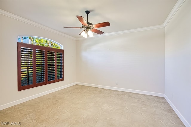 unfurnished room featuring a ceiling fan, crown molding, and baseboards