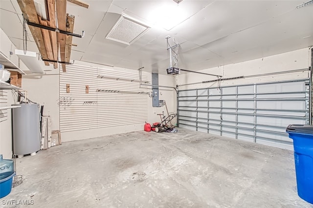 garage with a garage door opener, electric panel, and water heater