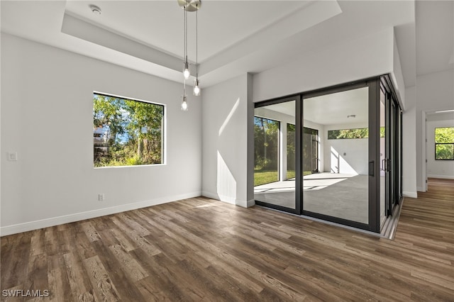 empty room featuring wood finished floors, a raised ceiling, and baseboards