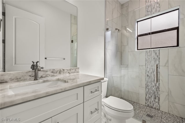 bathroom featuring a stall shower, vanity, and toilet