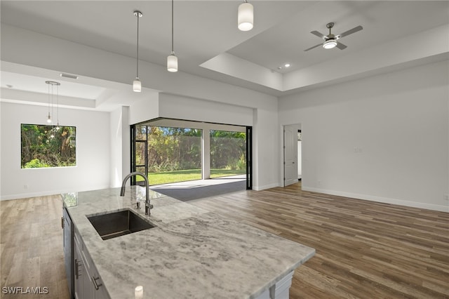 kitchen with a raised ceiling, a sink, and open floor plan